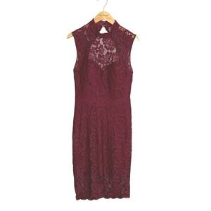 BETSY & ADAM Size 12 Maroon High Neck Lace Sleeveless Sheath Dress Midi Cocktail